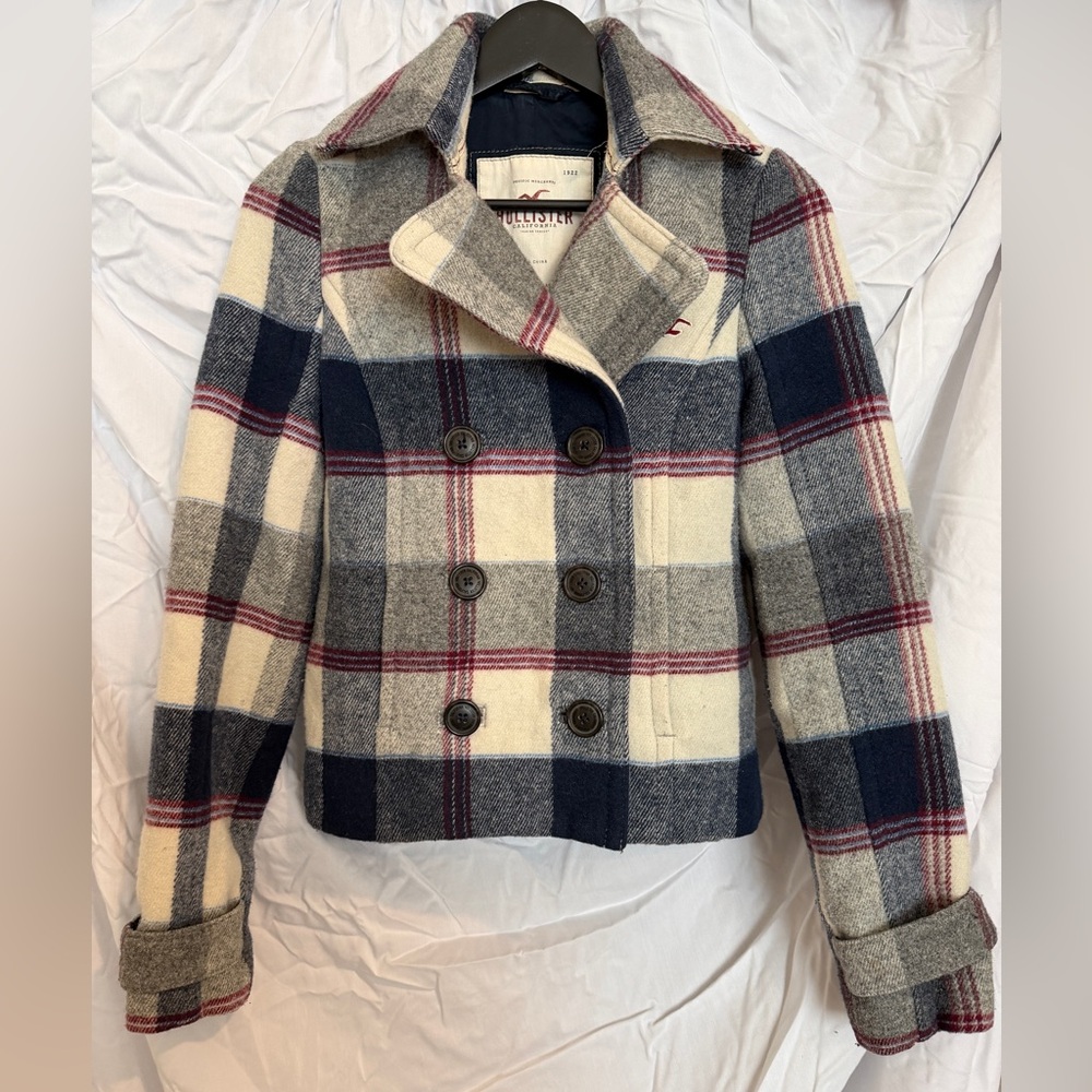 Thick Wool blend Women's Plaid Peacoat - Navy, Cream, Burgundy
